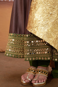 Prithvi - Brown & Green Mirror Work Hand-Embroidered Anarkali With Churidar Set