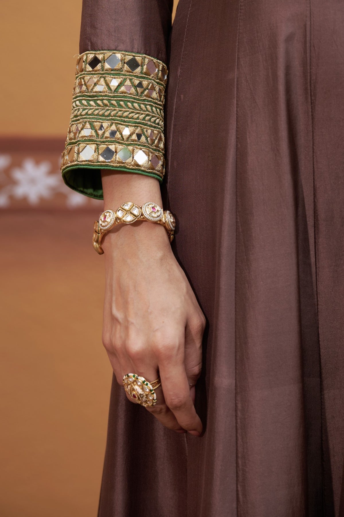 Prithvi - Brown & Green Mirror Work Hand-Embroidered Anarkali With Churidar Set