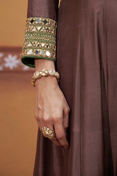 Prithvi - Brown &amp; Green Mirror Work Hand-Embroidered Anarkali With Churidar Set