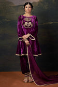 Meher - Purple Hand-Embroidered Velvet Kalidar Anarkali Set