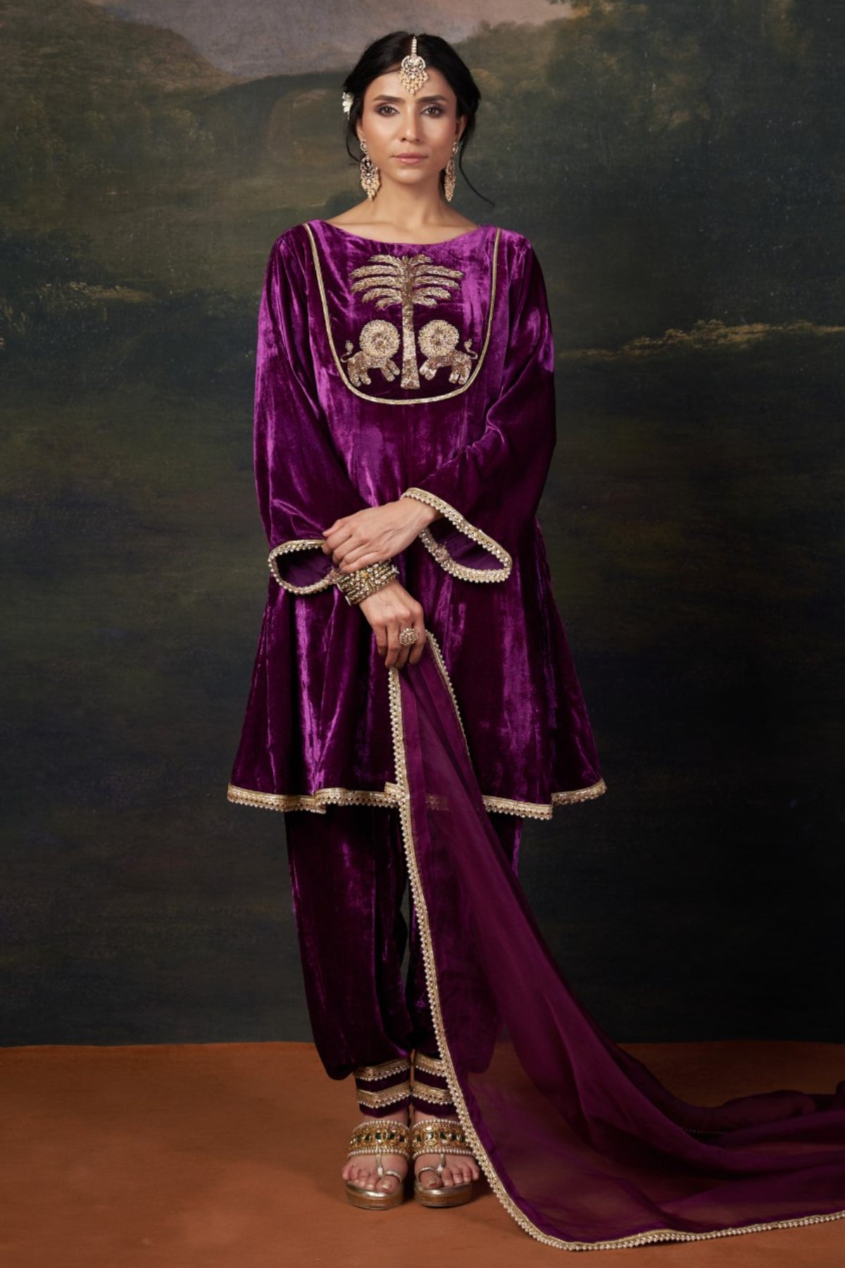 Meher - Purple Hand-Embroidered Velvet Kalidar Anarkali Set