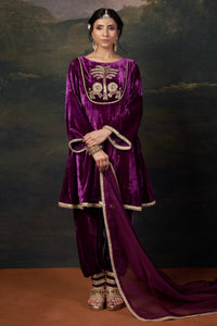 Meher - Purple Hand-Embroidered Velvet Kalidar Anarkali Set