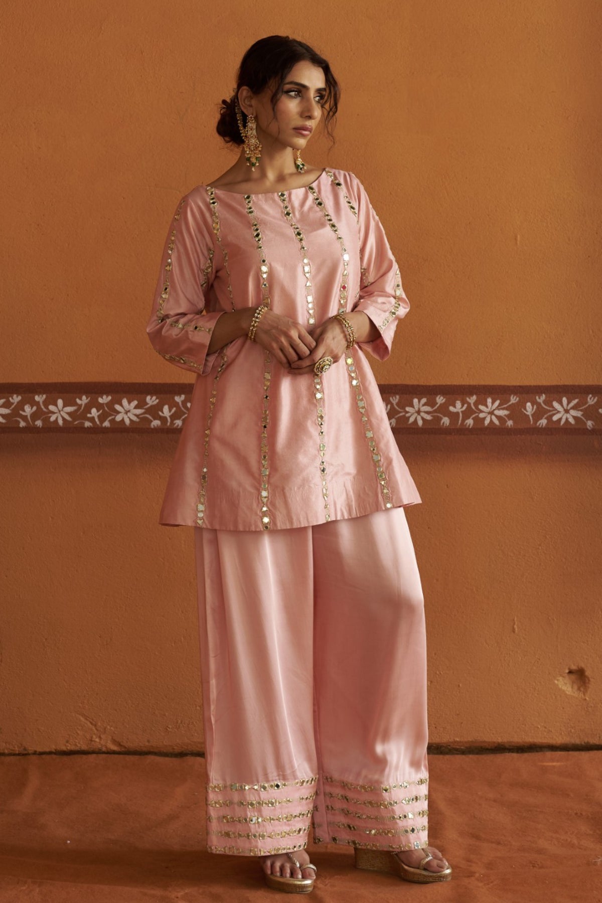 Roop Pink Short Kurta With Broad Pleated Pant Set