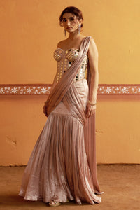 Roopaantar - Blush Pink Mirror Work Hand-Embroidered Corset Blouse with Lehenga Saree