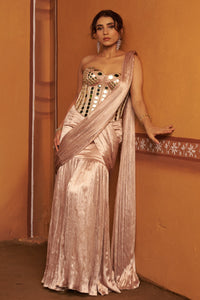 Roopaantar - Blush Pink Mirror Work Hand-Embroidered Corset Blouse with Lehenga Saree