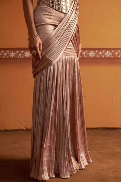 Roopaantar - Blush Pink Mirror Work Hand-Embroidered Corset Blouse with Lehenga Saree