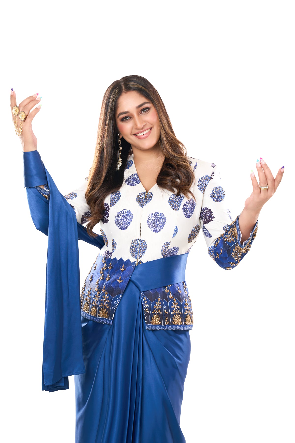 Pratibha Singh in the Neeli Buuti Blue Pre-Draped saree with hand embroidered Jacket