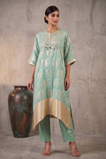 Summer Breeze - Sage Green Hand-Embroidered Chanderi Silk Kaftan Set