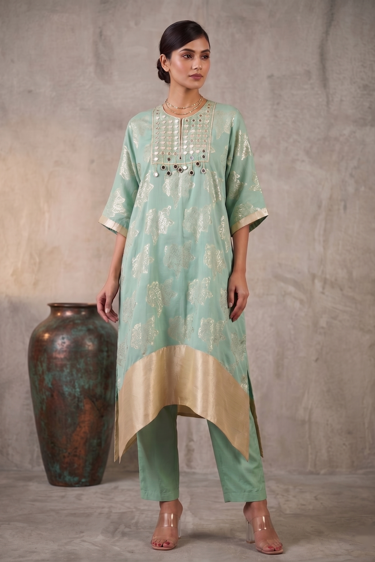 Summer Breeze - Sage Green Hand-Embroidered Chanderi Silk Kaftan Set