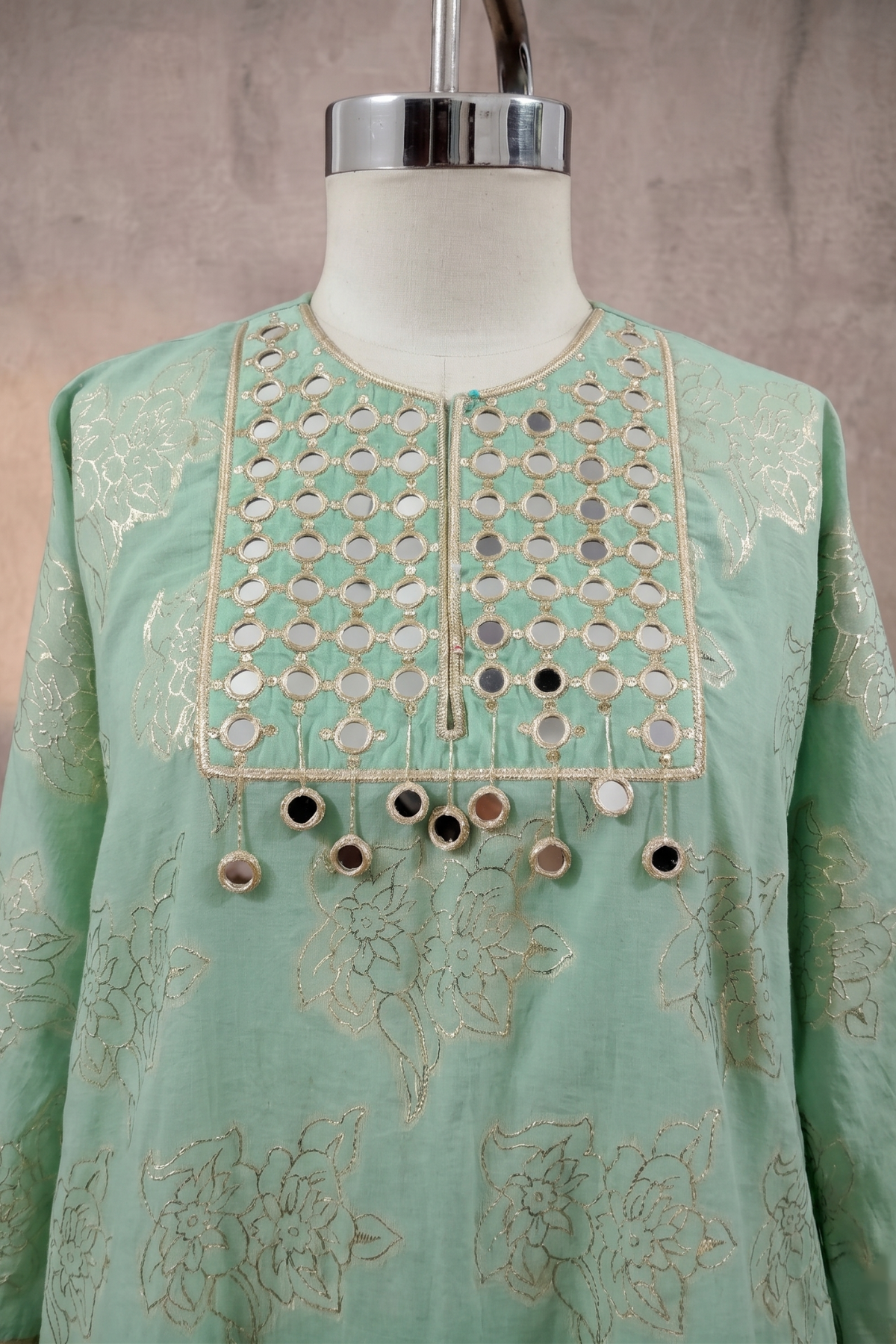 Summer Breeze - Sage Green Hand-Embroidered Chanderi Silk Kaftan Set