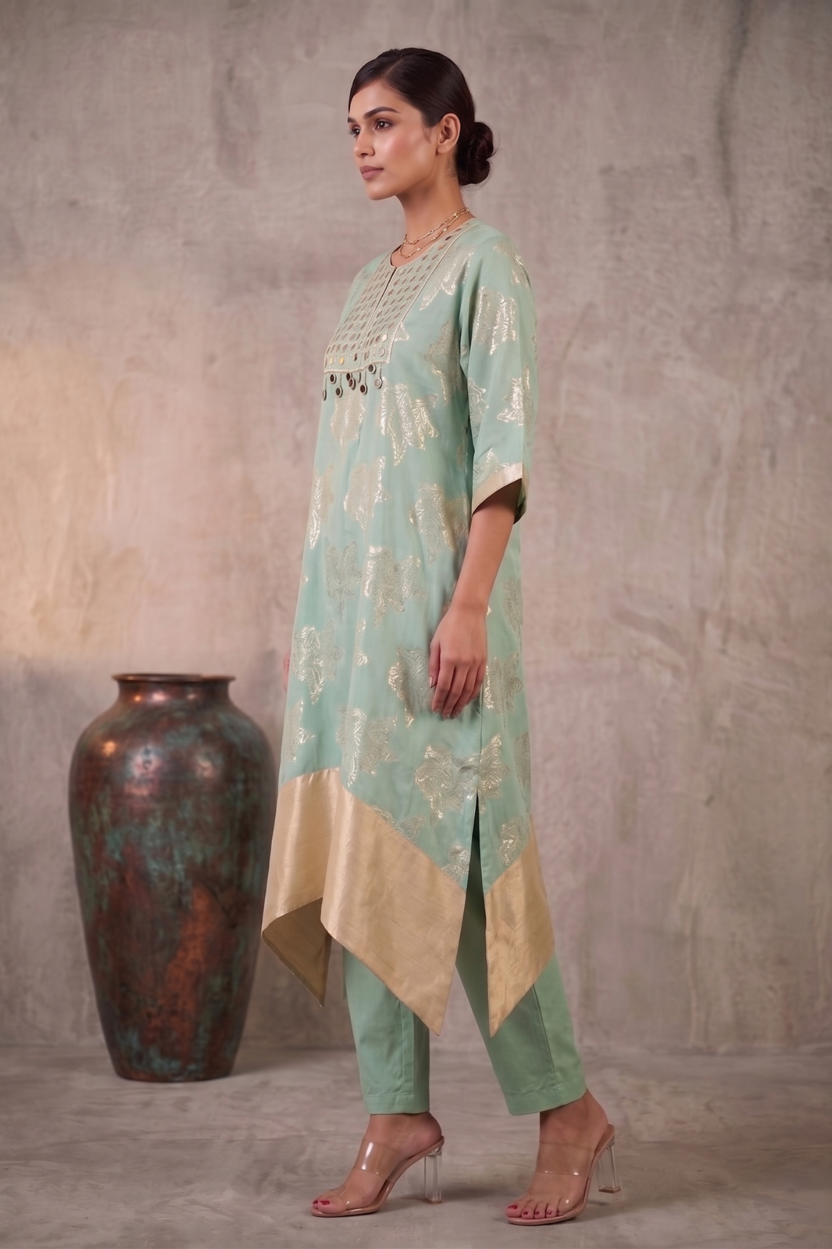 Summer Breeze - Sage Green Hand-Embroidered Chanderi Silk Kaftan Set