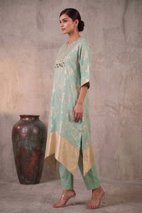 Summer Breeze - Sage Green Hand-Embroidered Chanderi Silk Kaftan Set
