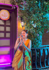 Sapna Chaudhary in our Hand embroidered blouse with pre draped liquid gold saree