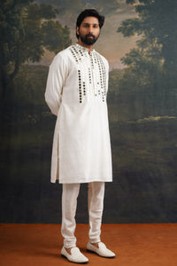 Sattva Hand Embroidered Ivory Mirror Work Kurta With Matching Pant