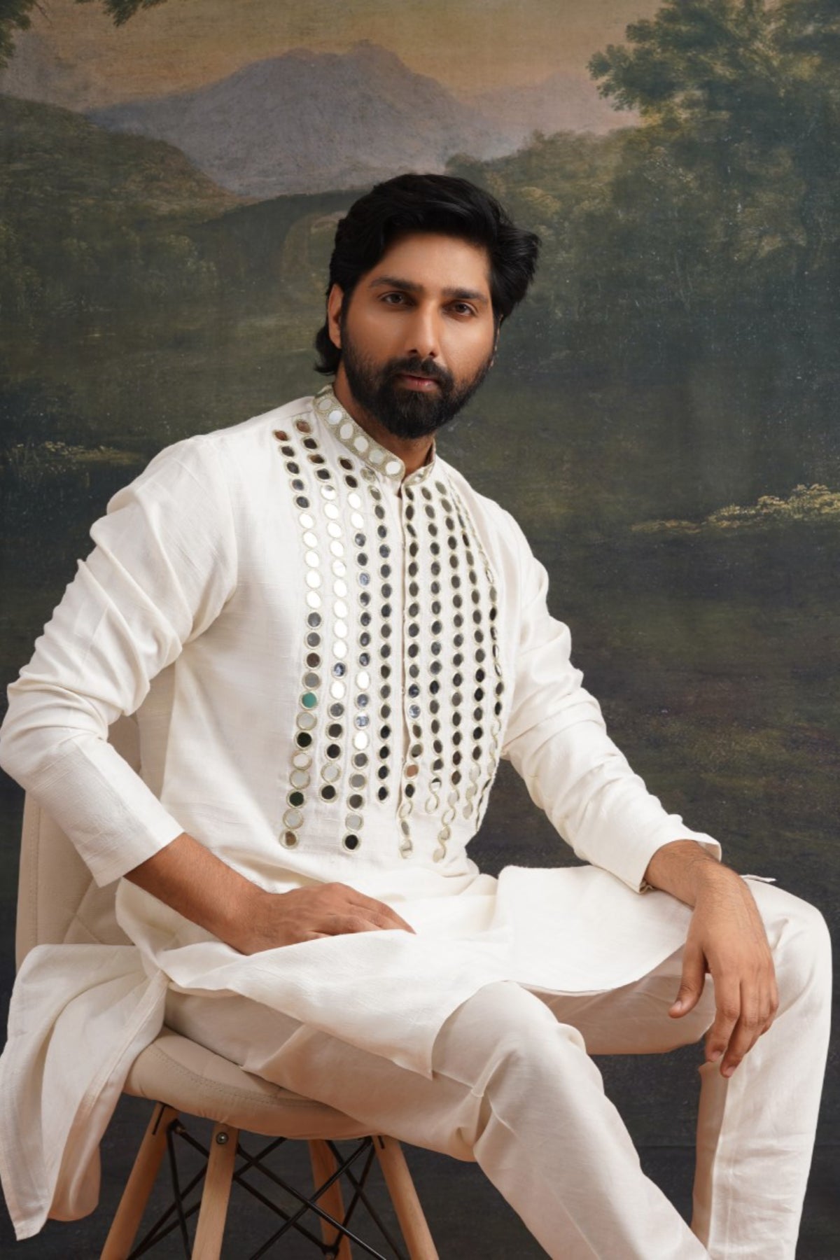 Sattva Hand Embroidered Ivory Mirror Work Kurta With Matching Pant