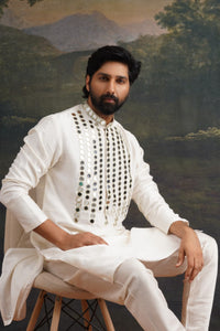 Sattva Hand Embroidered Ivory Mirror Work Kurta With Matching Pant