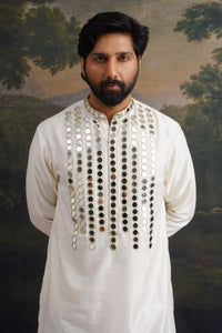 Sattva Hand Embroidered Ivory Mirror Work Kurta With Matching Pant