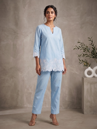 Azure Sky Blue Hand-Embroidered Cotton Co-ord Set