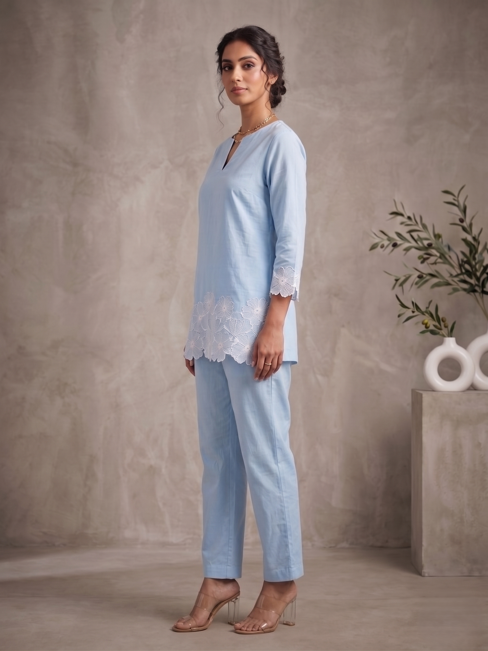 Azure Sky Blue Hand-Embroidered Cotton Co-ord Set