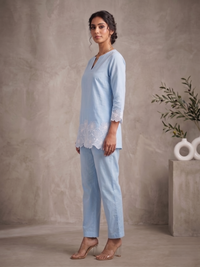 Azure Sky Blue Hand-Embroidered Cotton Co-ord Set