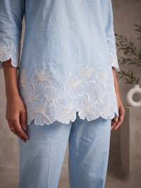 Azure Sky Blue Hand-Embroidered Cotton Co-ord Set