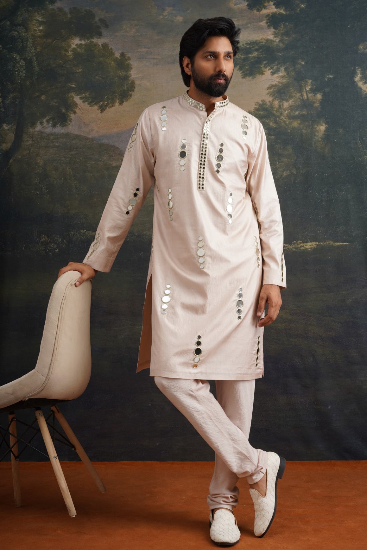 Sthir Beige Hand Embroidered Mirror Work Kurta With Matching Pant