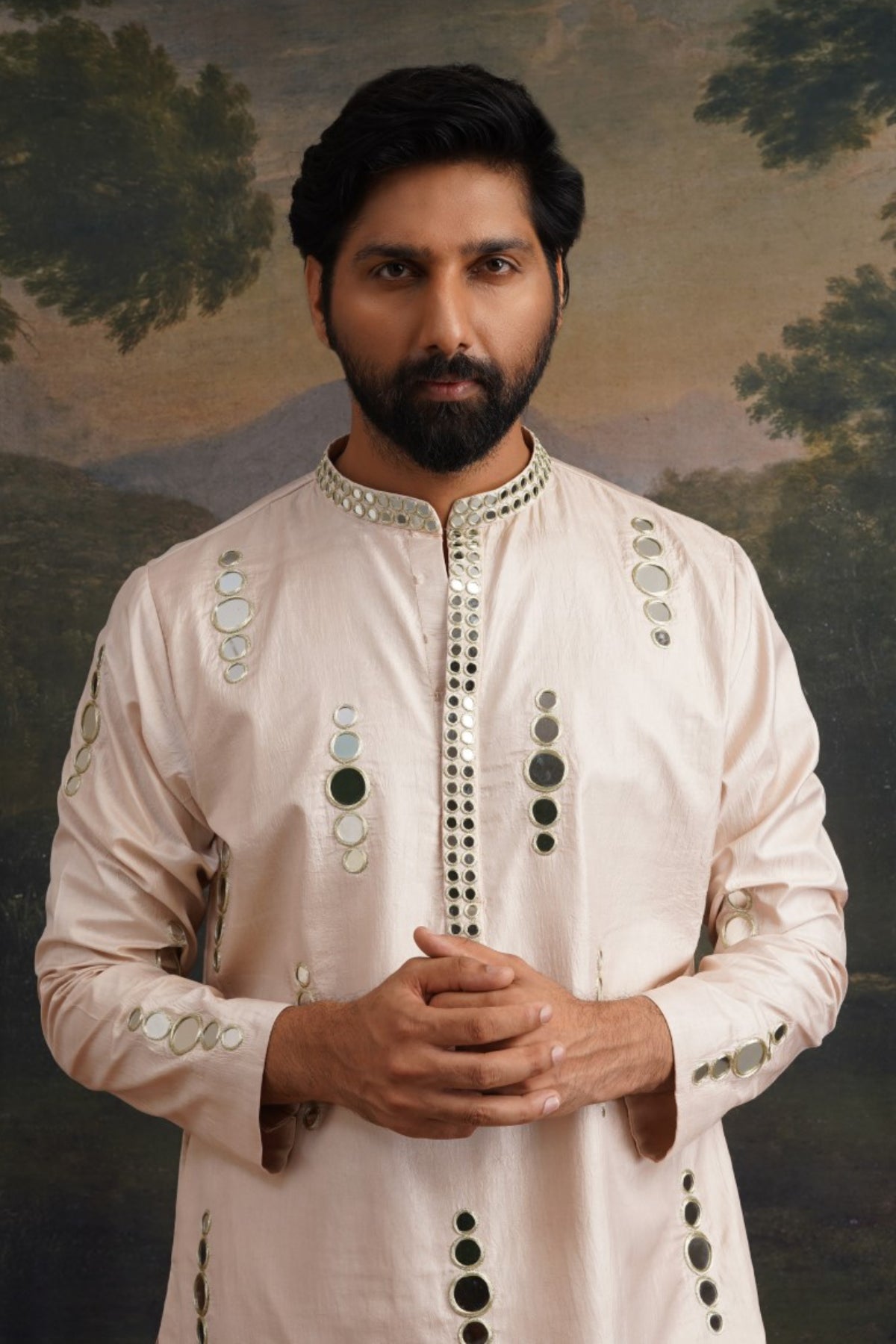 Sthir Beige Hand Embroidered Mirror Work Kurta With Matching Pant