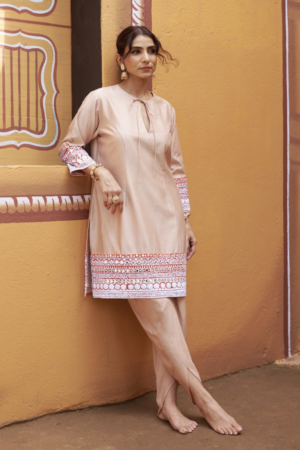 Sthira Beige Half-And-Half Kurta With Tulip Pant Set
