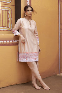 Sthira Beige Half-And-Half Kurta With Tulip Pant Set
