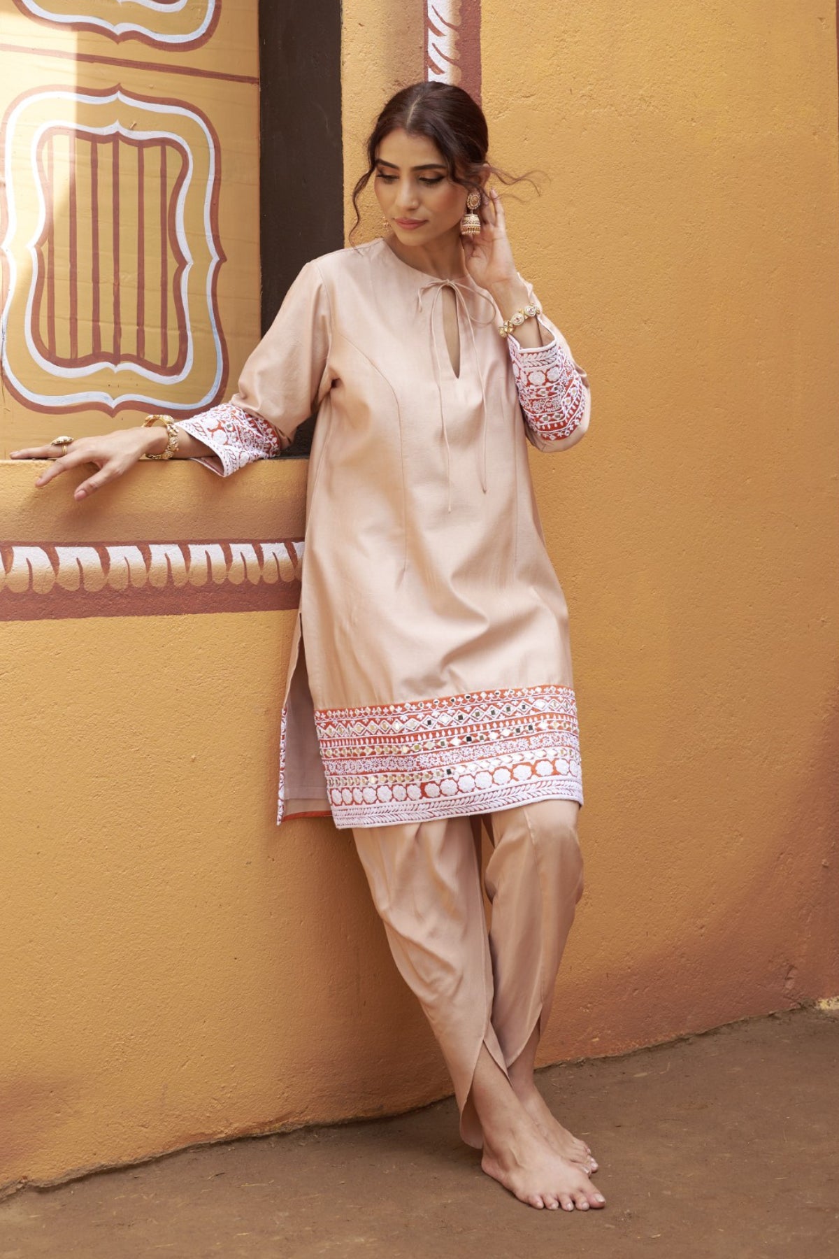Sthira Beige Half-And-Half Kurta With Tulip Pant Set