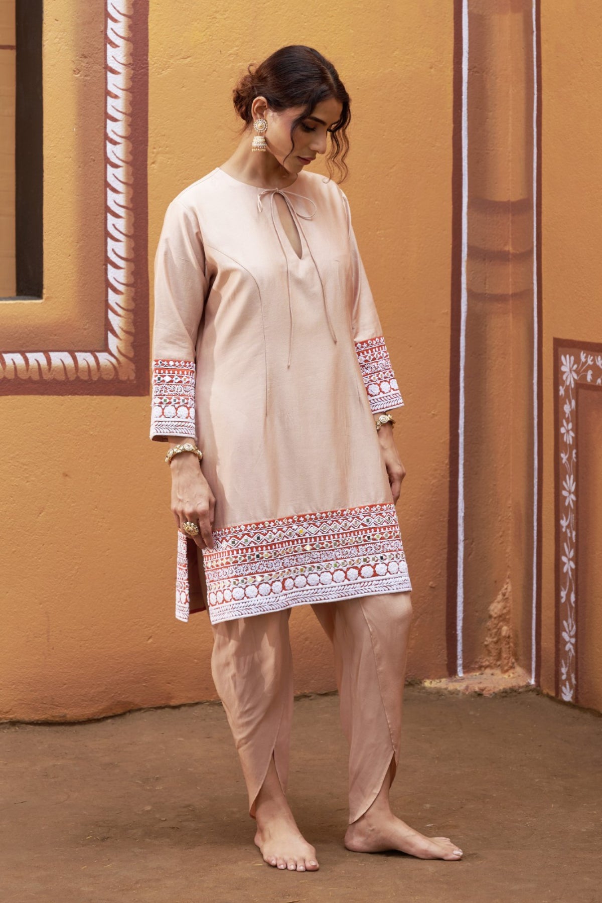 Sthira Beige Half-And-Half Kurta With Tulip Pant Set