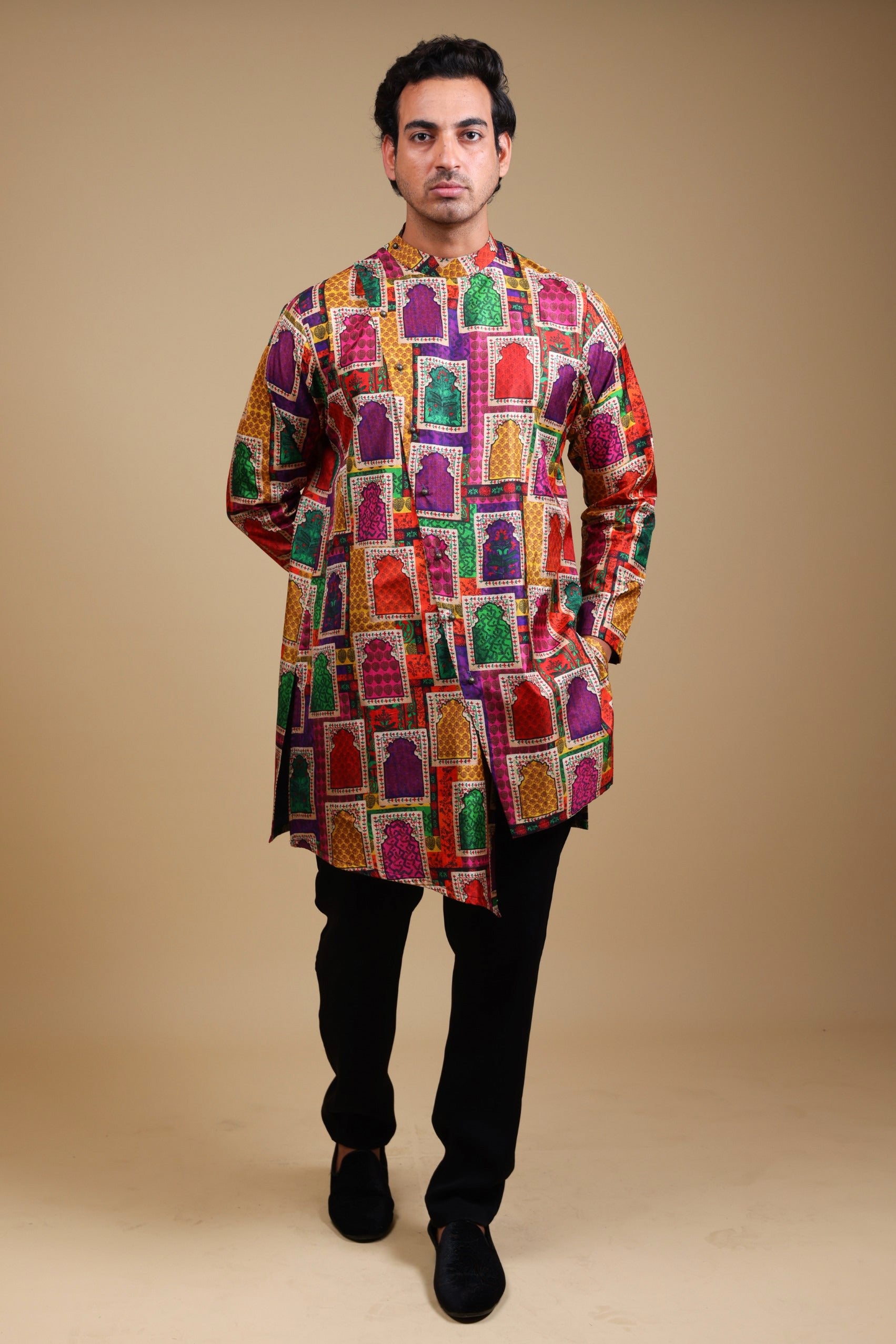 Stylish Jharoka Print Asymmetrical Kurta With Pants