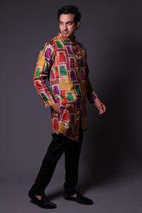 Stylish Jharoka Print Asymmetrical Kurta With Pants