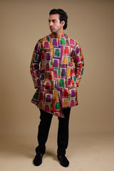 Stylish Jharoka Print Asymmetrical Kurta With Pants