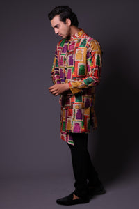 Stylish Jharoka Print Asymmetrical Kurta With Pants