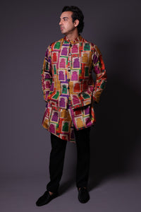 Stylish Jharoka Print Asymmetrical Kurta With Pants