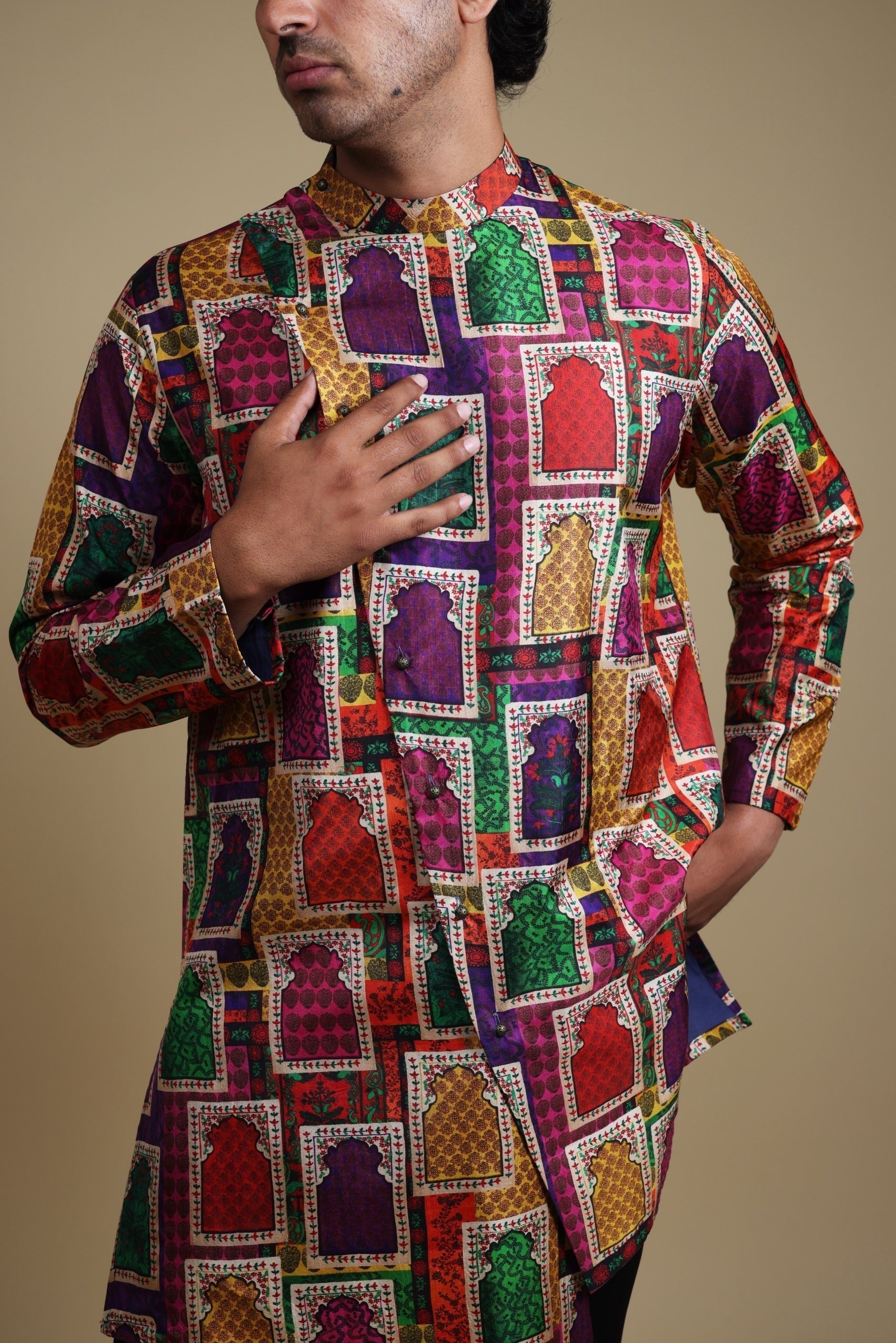 Stylish Jharoka Print Asymmetrical Kurta With Pants