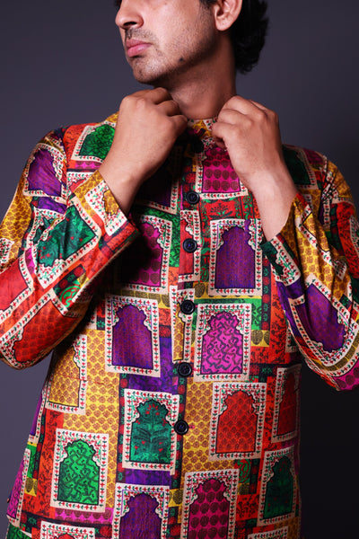 Stylish Jharoka Print Asymmetrical Kurta With Pants