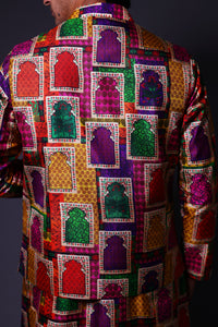 Stylish Jharoka Print Asymmetrical Kurta With Pants