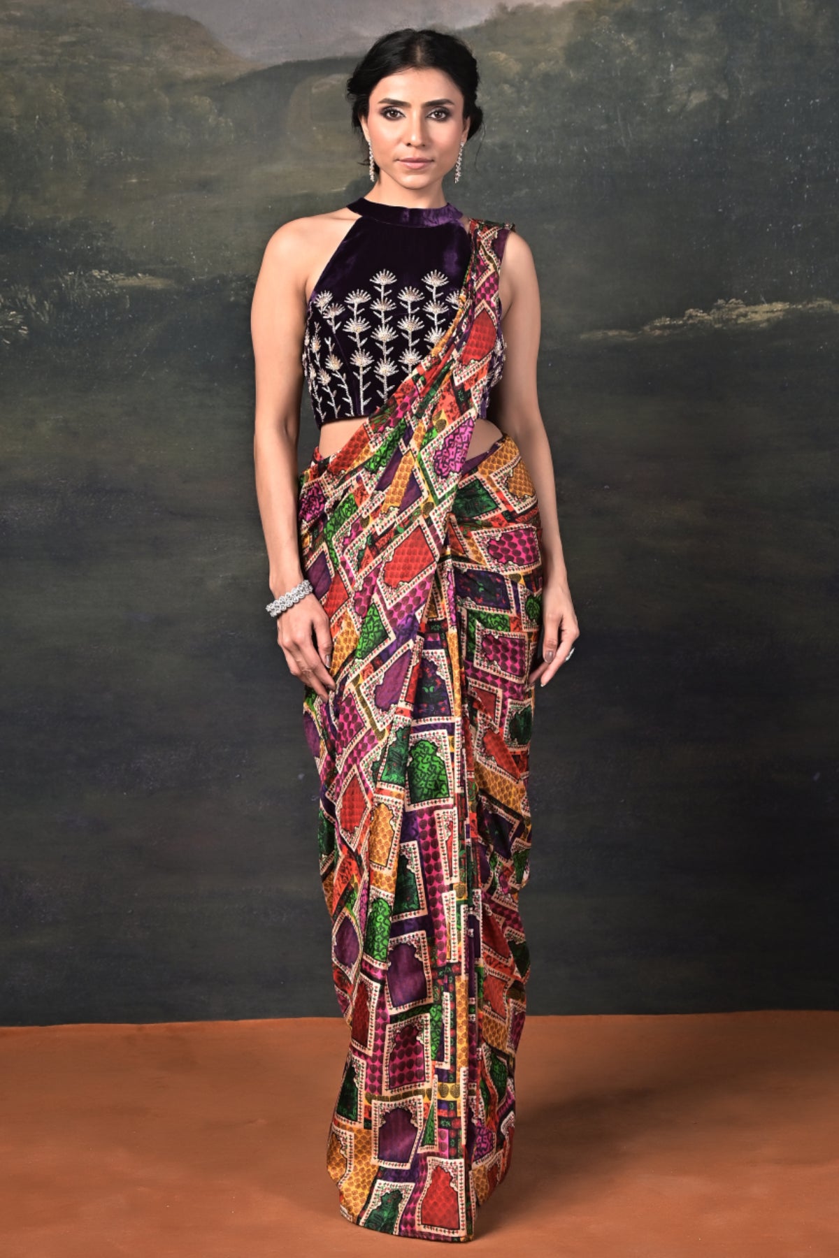 Surasa - Purple Hand-Embroidered Halter Neck Velvet Blouse with Pure Silk Jharokha Pre-Draped Saree