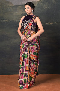Surasa - Purple Hand-Embroidered Halter Neck Velvet Blouse with Pure Silk Jharokha Pre-Draped Saree