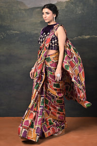Surasa - Purple Hand-Embroidered Halter Neck Velvet Blouse with Pure Silk Jharokha Pre-Draped Saree