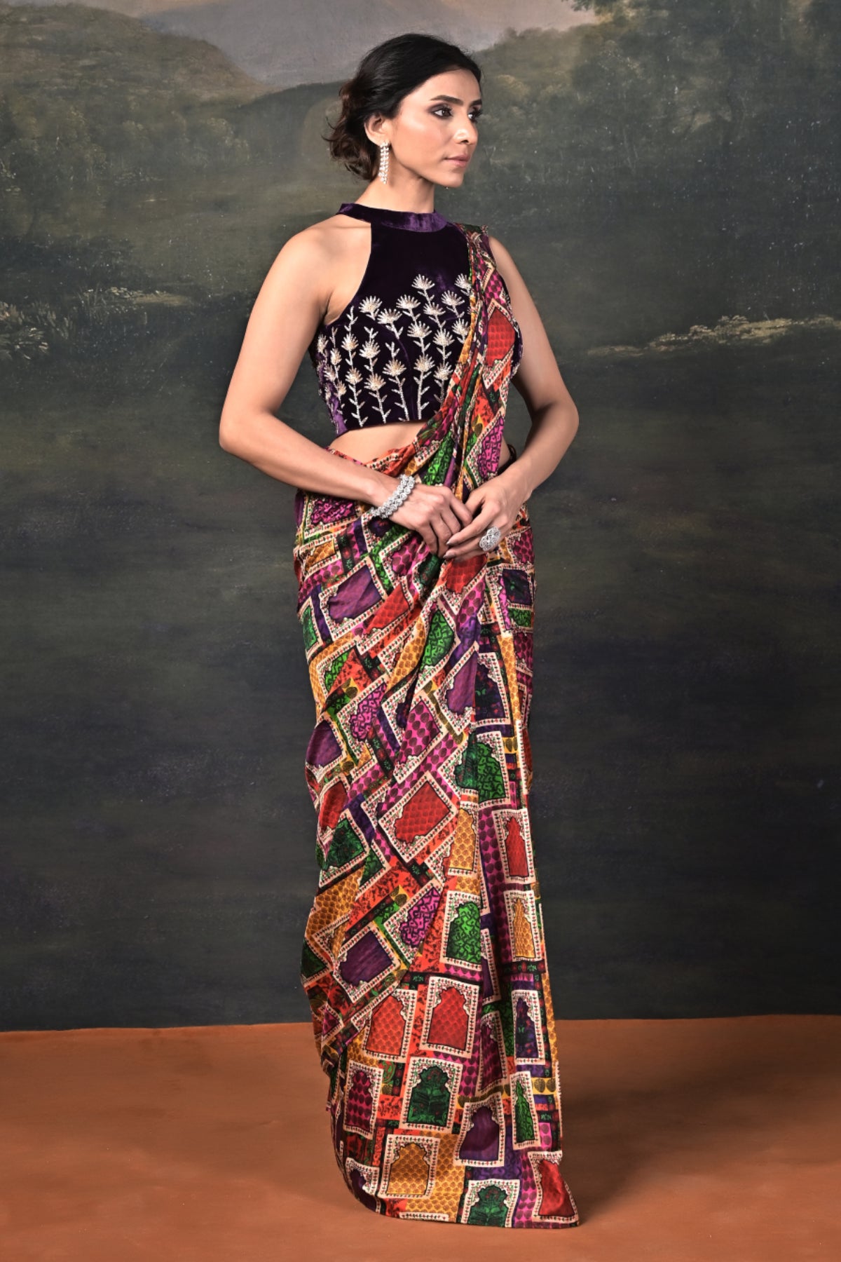 Surasa - Purple Hand-Embroidered Halter Neck Velvet Blouse with Pure Silk Jharokha Pre-Draped Saree