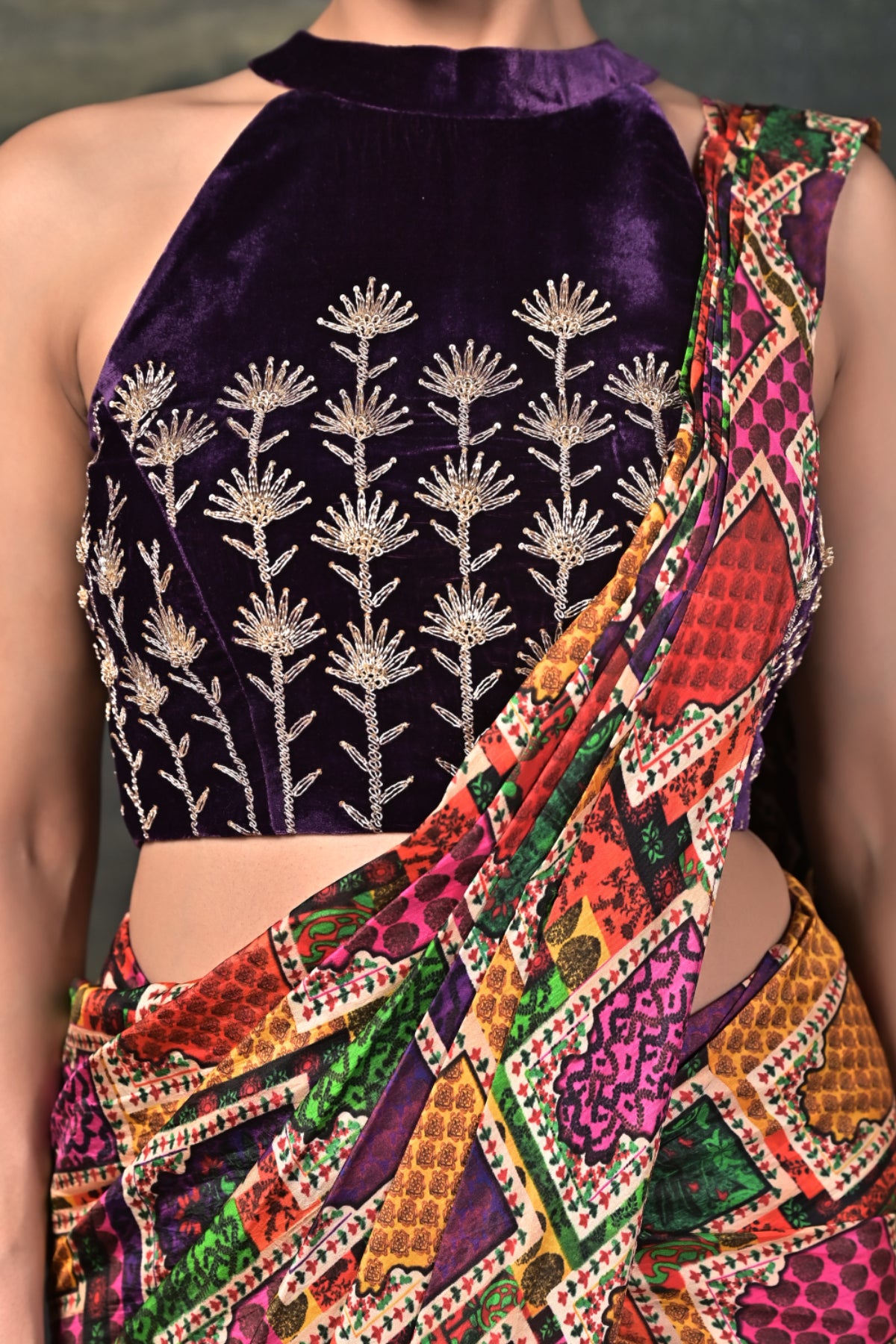 Surasa - Purple Hand-Embroidered Halter Neck Velvet Blouse with Pure Silk Jharokha Pre-Draped Saree