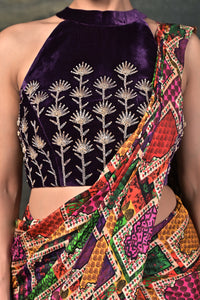 Surasa - Purple Hand-Embroidered Halter Neck Velvet Blouse with Pure Silk Jharokha Pre-Draped Saree