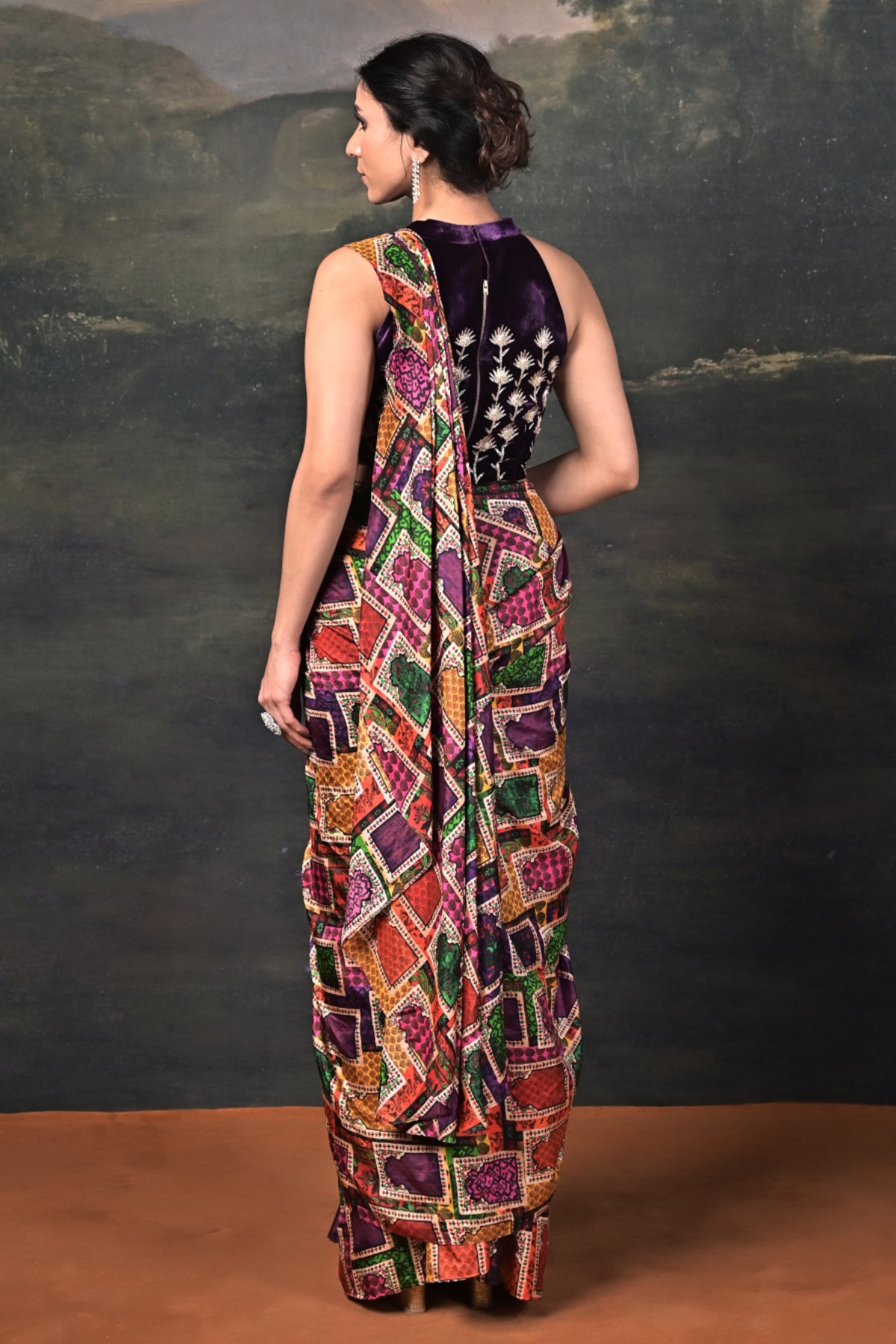 Surasa - Purple Hand-Embroidered Halter Neck Velvet Blouse with Pure Silk Jharokha Pre-Draped Saree