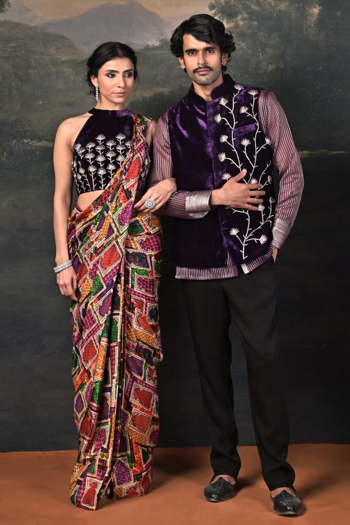 Surasa - Purple Hand-Embroidered Halter Neck Velvet Blouse with Pure Silk Jharokha Pre-Draped Saree