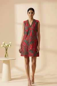 Viva - Red Hand-Embroidered Botanical Chanderi Cotton Mini Dress