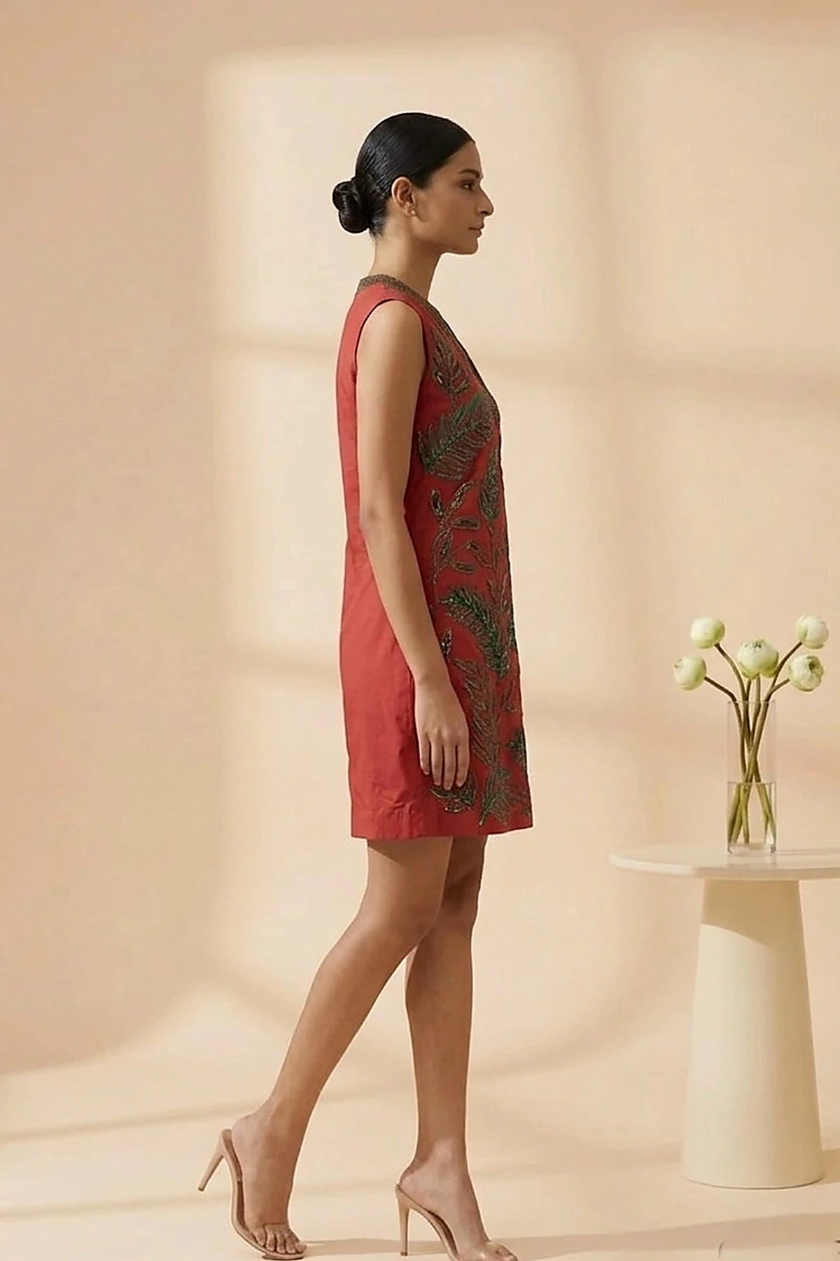 Viva - Red Hand-Embroidered Botanical Chanderi Cotton Mini Dress