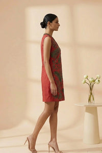 Viva - Red Hand-Embroidered Botanical Chanderi Cotton Mini Dress